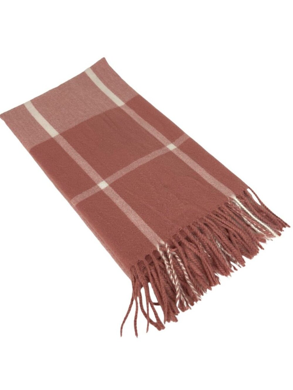 Cashmere Pink & White Plaid Pashmina Scarf With Fringe Soft Warm Winter Wrap
